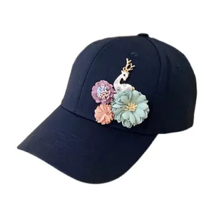 Navy blue baseball cap with 3D floral and deer patches for sun protection