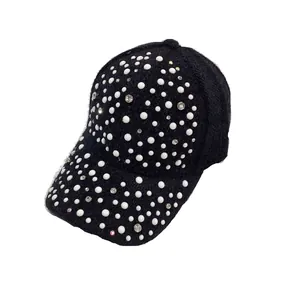 Chic black mink fleece baseball cap with heavy rhinestones and faux pearls for winter