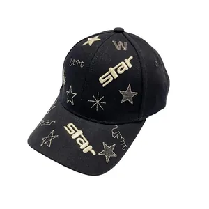 Casquette de baseball en coton noir avec broderie étoile dorée et visière incurvée