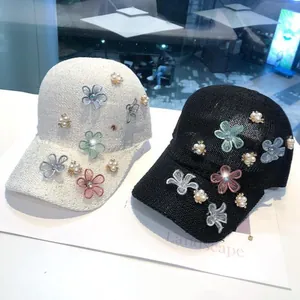 Women Knit Flower Artificial Pearl Baseball Cap Breathable Mesh Sun Hat Elegant Sweet Decorative Summer Outdoor Adjustable Hat