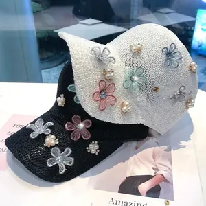 Chic knit hollow baseball cap with pearl flower embroidery and sequins for women