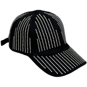 Women's black baseball cap with sparkling silver rhinestones and adjustable strap