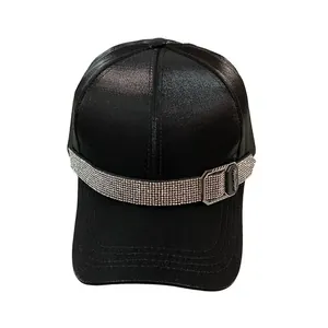 Luxury black satin baseball cap for women with sparkling rhinestone trim and metal buckle