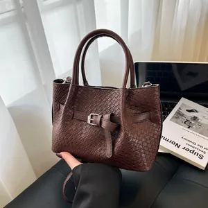 Women Vintage Woven PU Leather Bucket Bag Large Capacity Handbag Shoulder Crossbody Bag For Daily Office Street Style