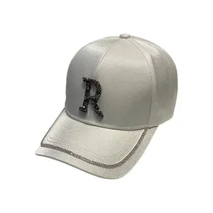 Women's silk satin baseball cap with rhinestone letter R and sparkling crystal brim