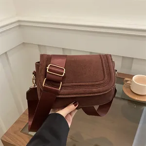 Women Fashion Suede PU Leather Crossbody Bag Small Square Shoulder Bag With U-Shaped Stitching Wide Strap Gold Hardware