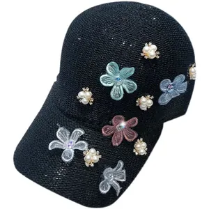 Women black knit hollow baseball cap with floral lace, pearls and rhinestone accents