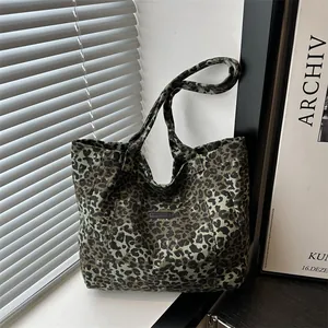 Vintage olive leopard canvas tote bag for women with fashion label and shoulder straps