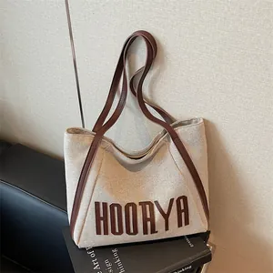 Large Capacity Women Canvas Tote Bag Commuter Shoulder Bag PU Leather Strap Letter Print Casual Chic University Student Bag