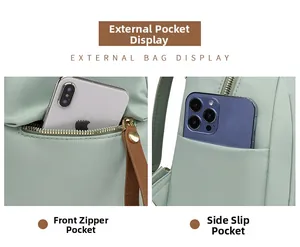 Detail view of the front zipper pocket and side slot for smartphones on green backpack