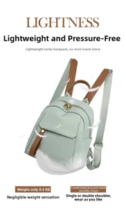 Lightweight mint green oxford fabric backpack detail showing 0.4kg weight and premium texture