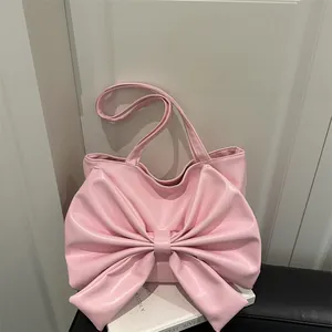 Women Large Bowknot Tote Bag PU Leather Shoulder Bag Korean Style Commuter Handbag Elegant Metallic Silver Pink Fashion Bag