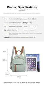 Size chart showing light green Oxford backpack dimensions 20x12x25cm with structure details