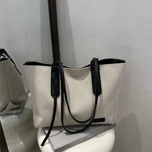 Large Capacity Canvas Tote Bag For Women Casual Shoulder Bag With Synthetic Leather Handle Fashion Commuting Handbag