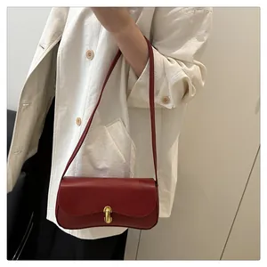 Detail view of burgundy matte leather bag with vintage golden metal buckle closure