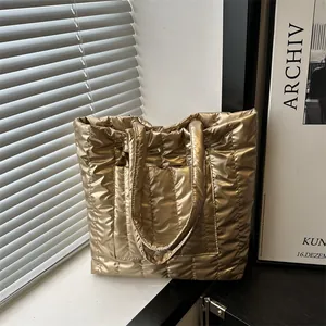 Women Large Capacity Quilted Puffer Tote Bag Metallic Shiny Fabric Shoulder Handbag Casual Autumn Winter Chic Travel Purse