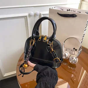 Women High Texture Shiny PU Leather Shell Bag Retro Commuter Handbag Mini Shoulder Crossbody Bag With Golden Hardware Double Zipper