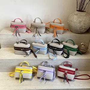 Fashion Contrast Color Canvas PU Box Bag Splicing Handbag Crossbody Bag With Long Tassels Dual Zippers Square Boxy Bag