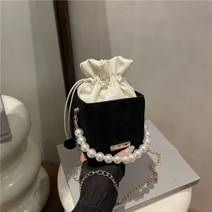 Borsa a scatola leopardata con manico di perle e tracolla a catena dorata elegante