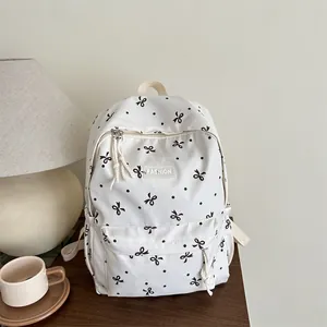Sac à Dos Scolaire Femme Mode Avec Imprimé Nœud à Pois Grande Capacité Toile Nylon Sac de Jour de Voyage Pour Étudiantes Filles
