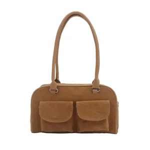 Brown faux suede underarm tote bag with front pockets and large capacity retro design