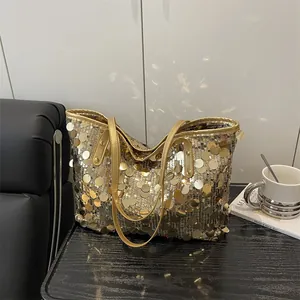 Borsa Tote da Donna con Paillettes alla Moda Grande Capacità Borsa a Tracolla Luccicante Borsa a Mano Metallizzata per Festa Quotidiana