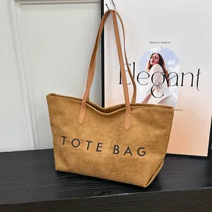 Women Large Capacity Suede Tote Bag Autumn Winter Minimalist Letter Print Shoulder Bag Casual Commuter Handbag