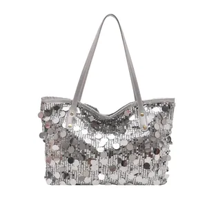 Borsa tote con paillettes argento alla moda con spalline grigie e design capiente