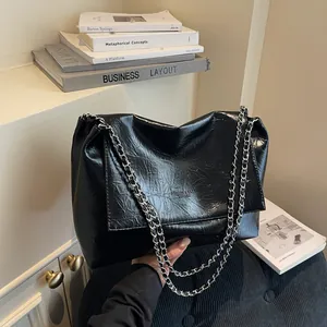 Women Fashion Large Black Crinkled PU Leather Tote Bag With Silver Chain Shoulder Underarm Bag For Daily Commuting