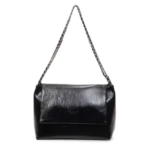 Fashionable black faux leather tote bag with silver chain strap and embossed logo detail