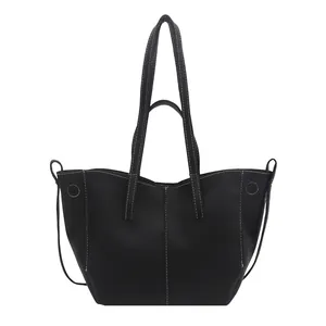 Retro black lychee grain tote bag with contrast white stitching and large capacity