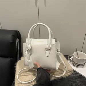 Elegant white minimalist large capacity tote bag with suede texture and shoulder strap