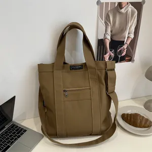 Women Large Capacity Canvas Tote Bag Casual Fashion Letter Label Handbag Shoulder Bag Simple Solid Color Daily Commuting Bag