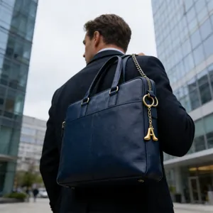 Borsa da lavoro in pelle blu navy con ciondolo a lettera A dorata e tracolla a catena