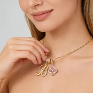 Gold Clover Necklace with Letter B Pendant and Pink Heart Zircon Stones for Women