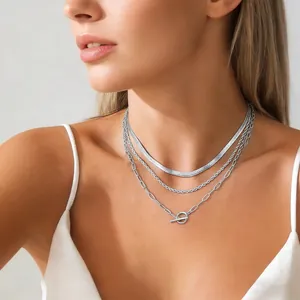 Three-layer layered necklace with flat snake chain rope chain and OT toggle clasp pendant