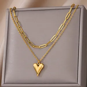Detail of double-layer stainless steel necklace with heart pendant and paperclip chain