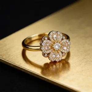 Macro detail of luxury gold flower ring featuring rotating petals and micro zircon inlay