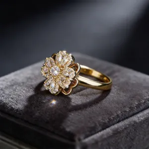 Detailed macro shot of a golden spinning clover ring with zircon petal accents