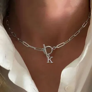 Collar con Colgante de Alfabeto de Acero Inoxidable para Mujer Inicial Personalizada Cadena de Clip Cierre OT Joyería de Moda Regalo