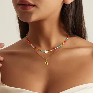 Collar de Colgante de Capas con Letra Inicial 26 Burbuja Oro para Mujer Cadena de Cuentas Coloridas Colgante de Corazón Joyería Estilo Dopamina