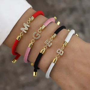 Bracelet En Corde Tressée Réglable Femmes Hommes Cuivre Plaqué Or Lettre Initiale A-Z Zircone AAA Incrustée Bijoux