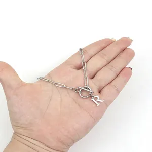 Stainless steel paperclip chain necklace with OT buckle and letter R pendant for women