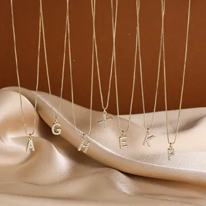 14K Gold Plated Copper Initial Letter Pendant Necklace With Zirconia Personalized Alphabet Box Chain Necklace For Women Jewelry