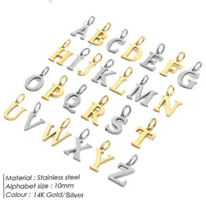 10mm stainless steel 26 letter alphabet pendants set in 14K gold and silver finishes