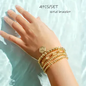 4Stuks Mode Goud Beginletter Armband Set Voor Vrouwen Kralen Gelaagde Paperclip Ketting Roestvrij Staal Koperen Sieraden