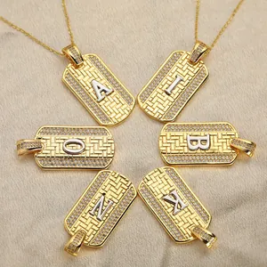 Hip Hop Initial Letter Pendant Necklace Iced Out Gold Plated Copper Rectangle Dog Tag Zirconia Men Women Jewelry Box Chain