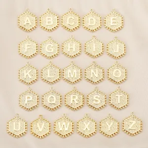 Brass 18K Gold Plated Hexagonal Alphabet Pendant For DIY Jewelry Making Necklaces Bracelets Earrings Initial Alphabet Charms