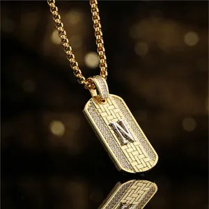 Hip hop dog tag necklace with golden letter N pendant and glittering box chain