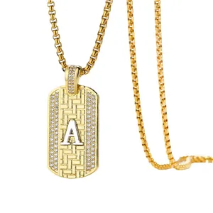 Hip hop style gold letter A dog tag pendant necklace with crystals on box chain
